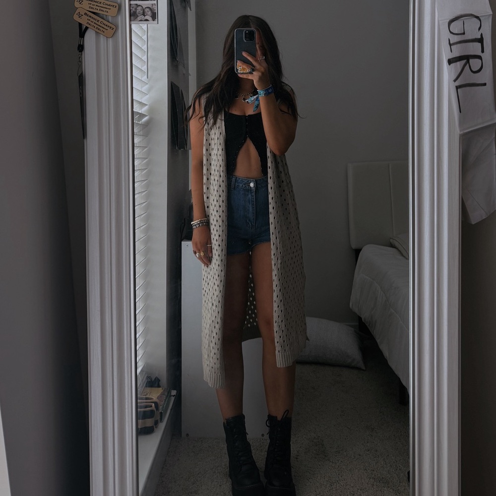 Long open knit cardigan